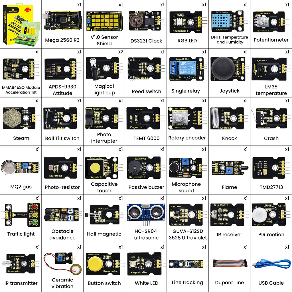 37 in 1 Box Sensor Kit V2.0 Mega Controller Board Sensor Electronic Kit for Arduino Starter Kit 37Pcs Modules