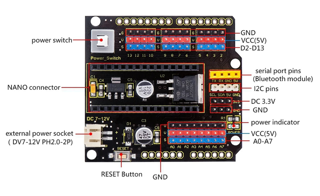 NANO Shield Board W/ Power Switch for Arduino Nano